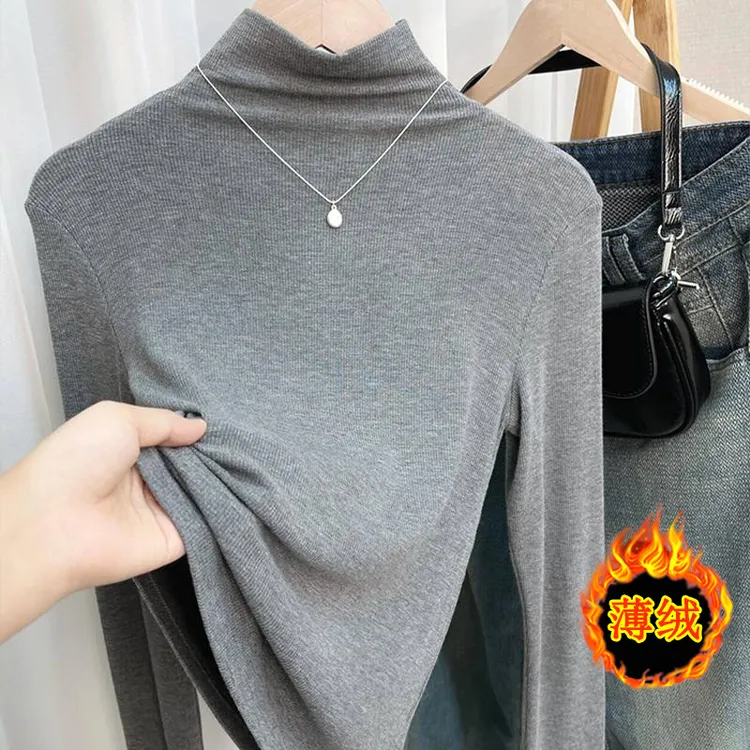 半高领长袖打底衫女秋冬内搭2025新款修身磨毛保暖灰色螺纹上衣潮