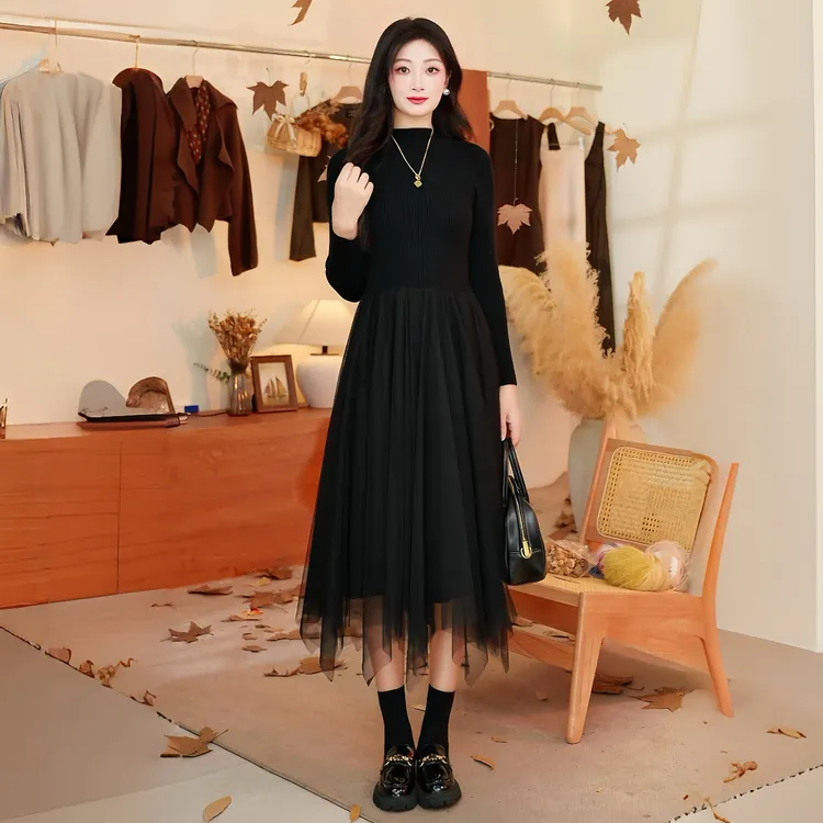 加厚加密2025秋冬唯美纱裙毛衣裙显瘦仙气长袖半高领针织连衣裙女