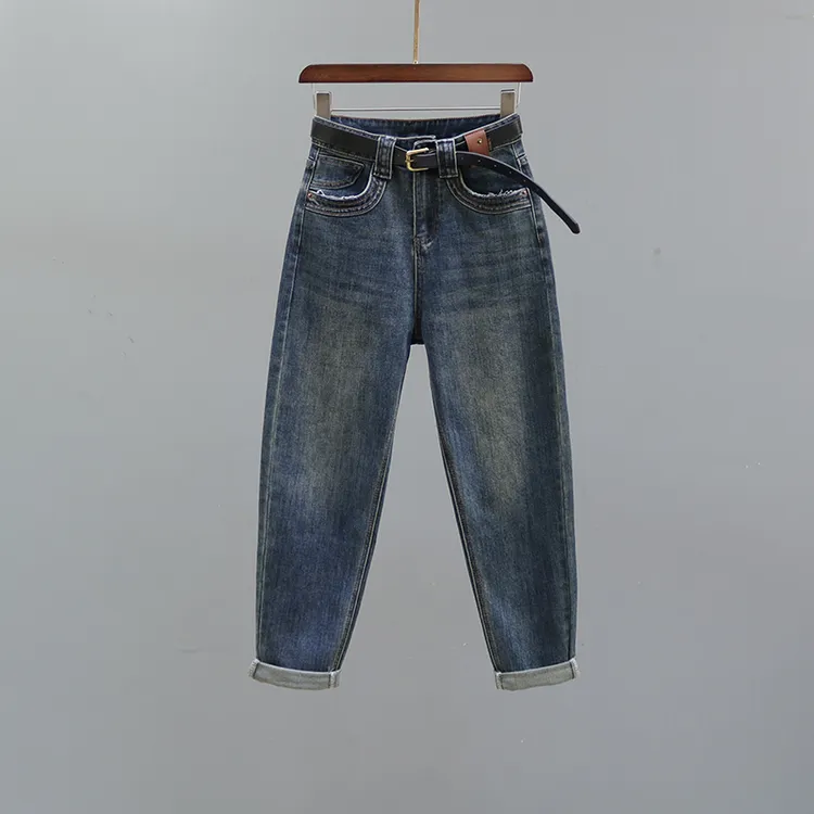 复古高腰哈伦牛仔裤女2025秋冬新款薄绒小脚宽松休闲老爹萝卜裤子