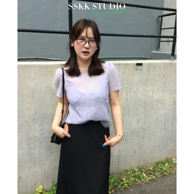 KMZY/KMZY山_山【高知穿搭】微胖韩系温柔风轻薄百褶假两件拼接上衣