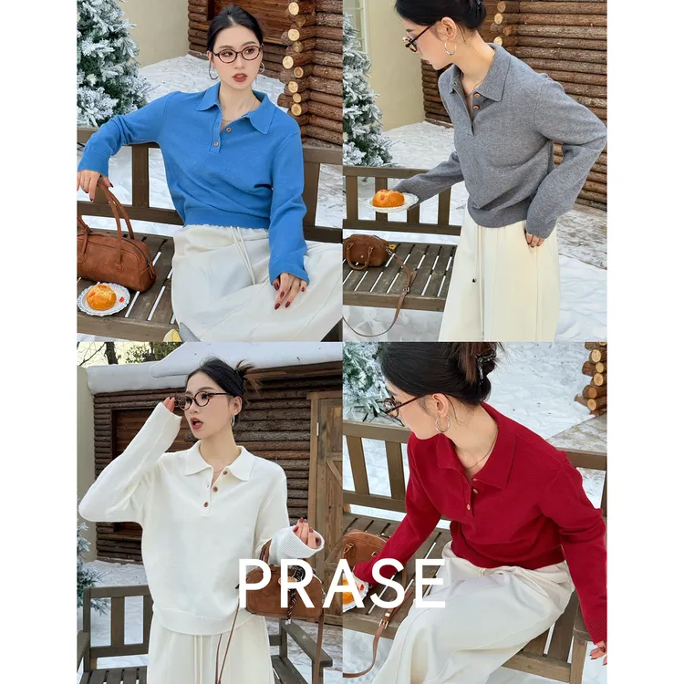 PRASE·噜【曼城学院】微胖保暖气质Polo翻领针织毛衣上衣女PR510B33