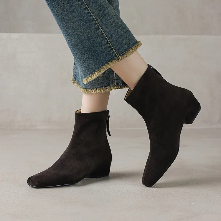 高级感磨砂方头短靴女瘦瘦靴2025年秋冬新款绒面时尚百搭法式小裸