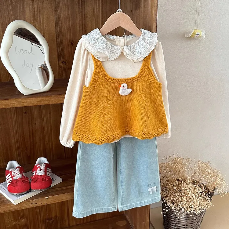 女童秋季新款套装2025女宝宝背心打底衫牛仔裤韩版洋气可爱三件套