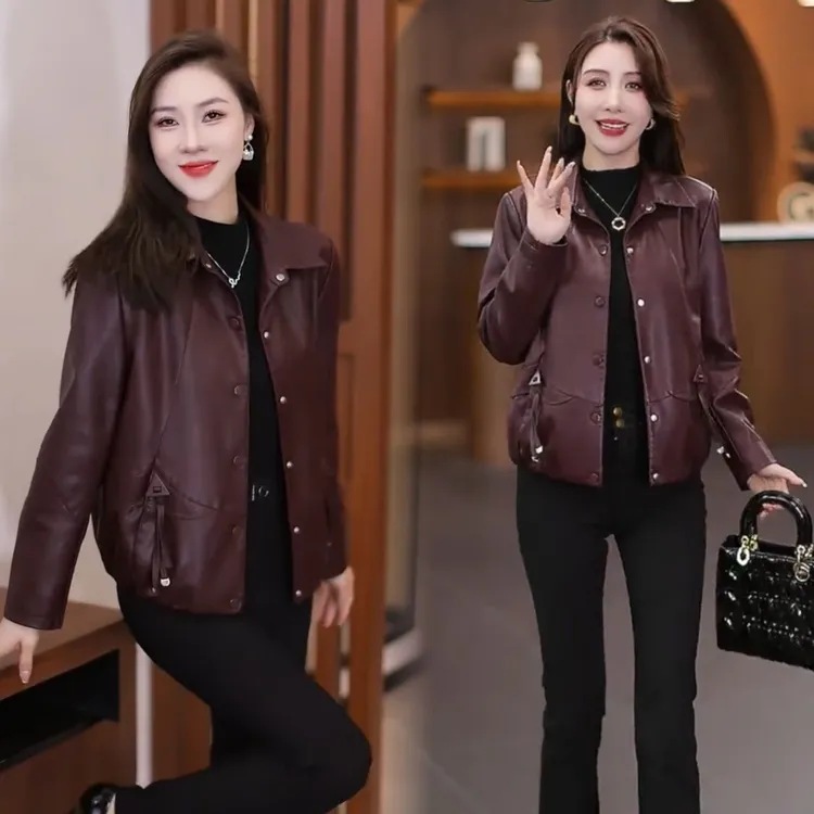 秋季新款短款妈妈皮夹克外套2025休闲宽松时尚洋气女士小个子皮衣