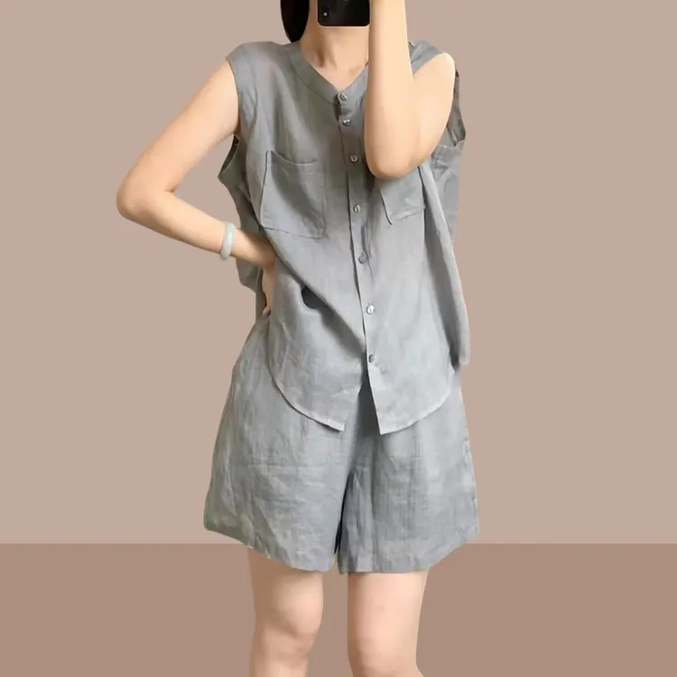 时尚小资背心纯色马甲套装女2025夏天高级减龄气质上衣短裤两件套