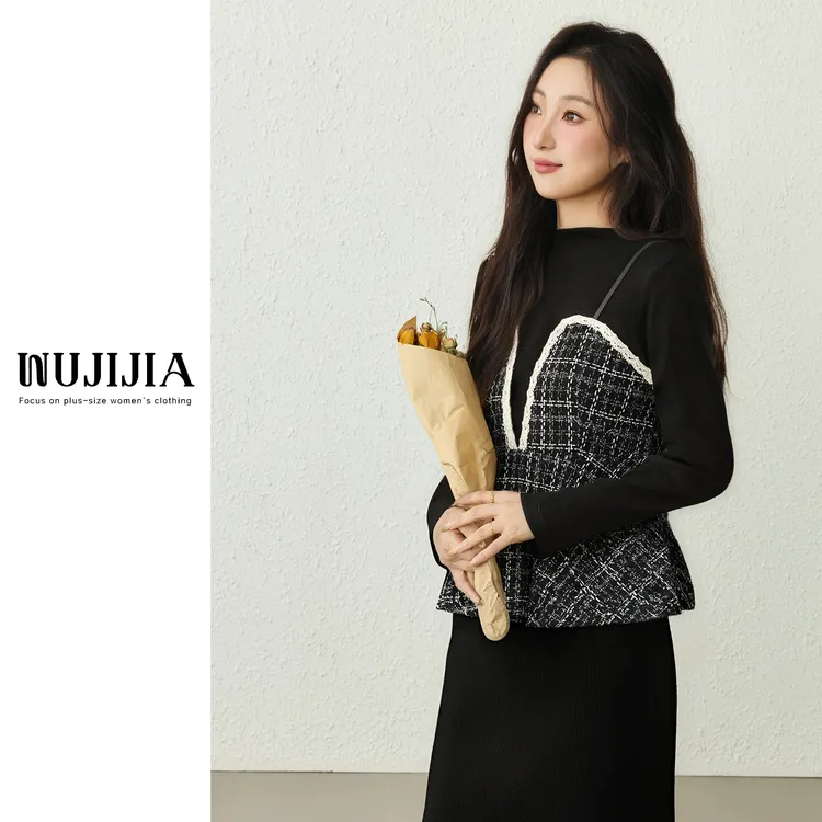 五季家秋季设计感收腰格子拼接长袖ZL113216+黑色长半裙ZL110490