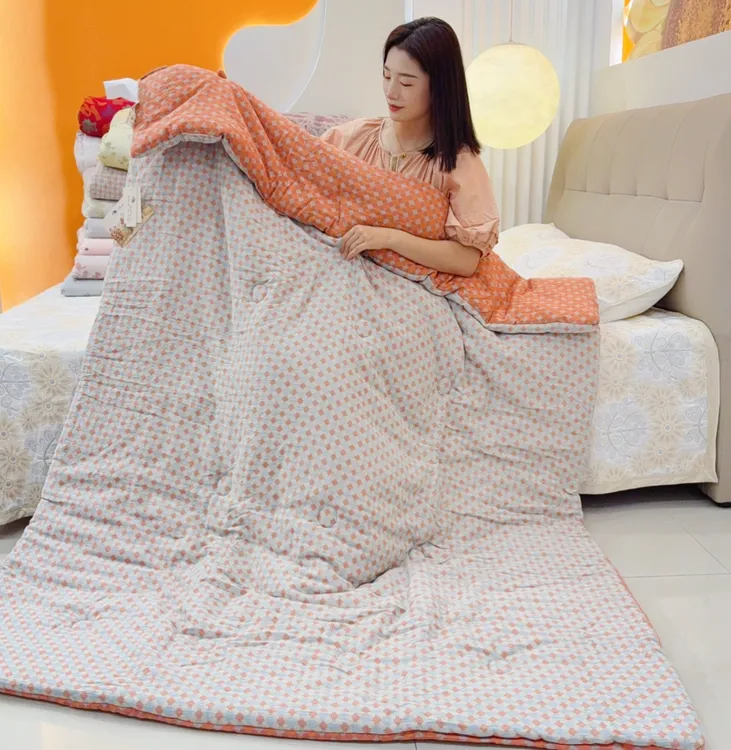 【橙色菱格】1.5米*2米纯棉双层纱秋冬被透气亲肤柔软可机洗
