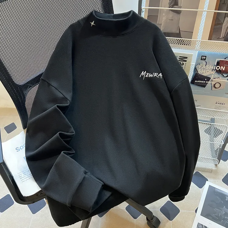 WASSUP UOSNE秋冬刺绣半高领德绒打底长袖T恤男宽松保暖内搭上衣