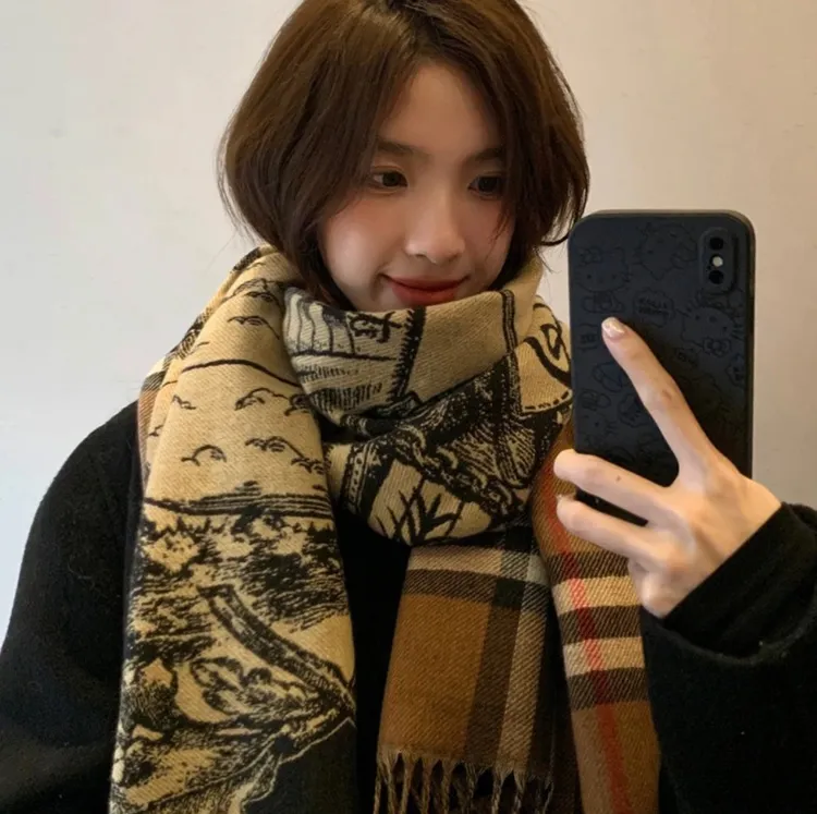 加厚格子双面仿羊绒围巾女冬季时尚流苏保暖围巾女网红百搭