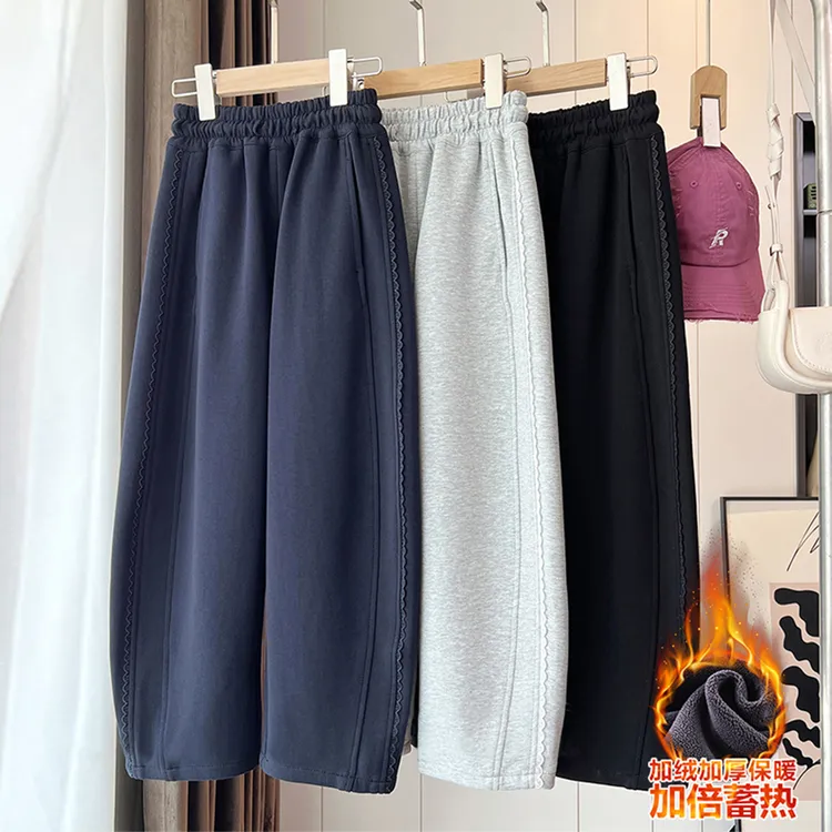 2025秋冬新品女童中大童蕾丝花边老爹运动长裤韩版加绒女童裤子