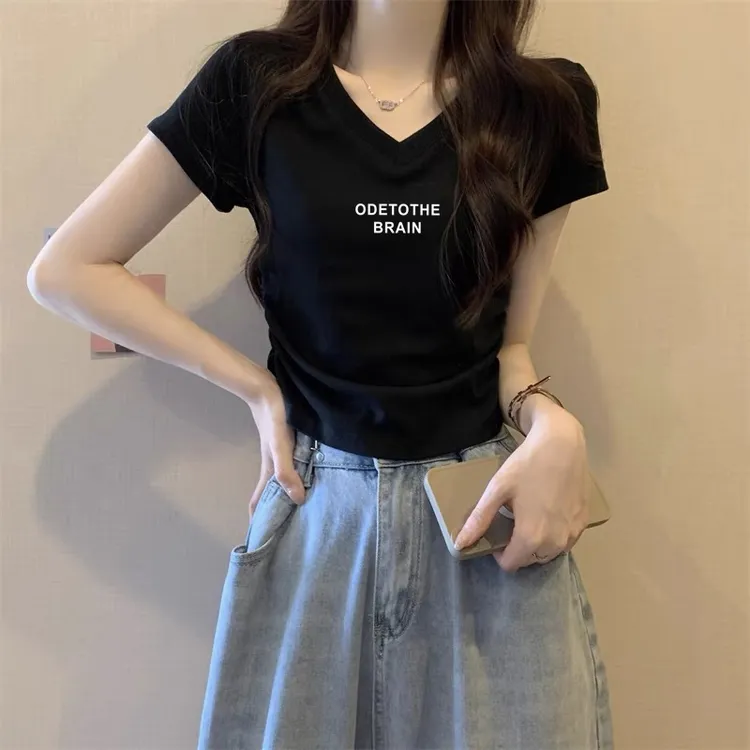 不规则褶皱V领短袖t恤女夏季设计感修身短款小个子正肩体恤上衣