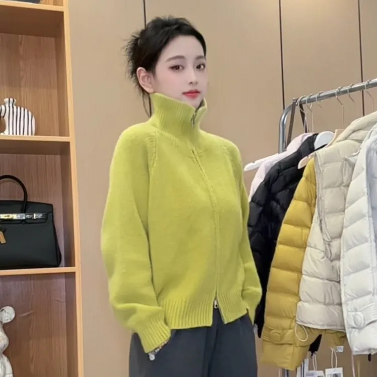 2025慵懒风毛衣外套女秋冬新款韩系简约宽松立领拉链针织开衫上衣