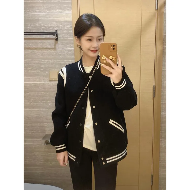 美式宽松黑色棒球服女2025春秋新款小个子复古加厚夹棉毛呢短外套
