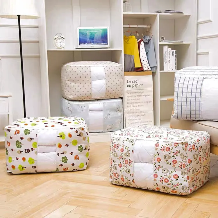 【2个装】防尘防潮棉麻大容量76升可视折叠衣物棉被收纳袋56*41*34