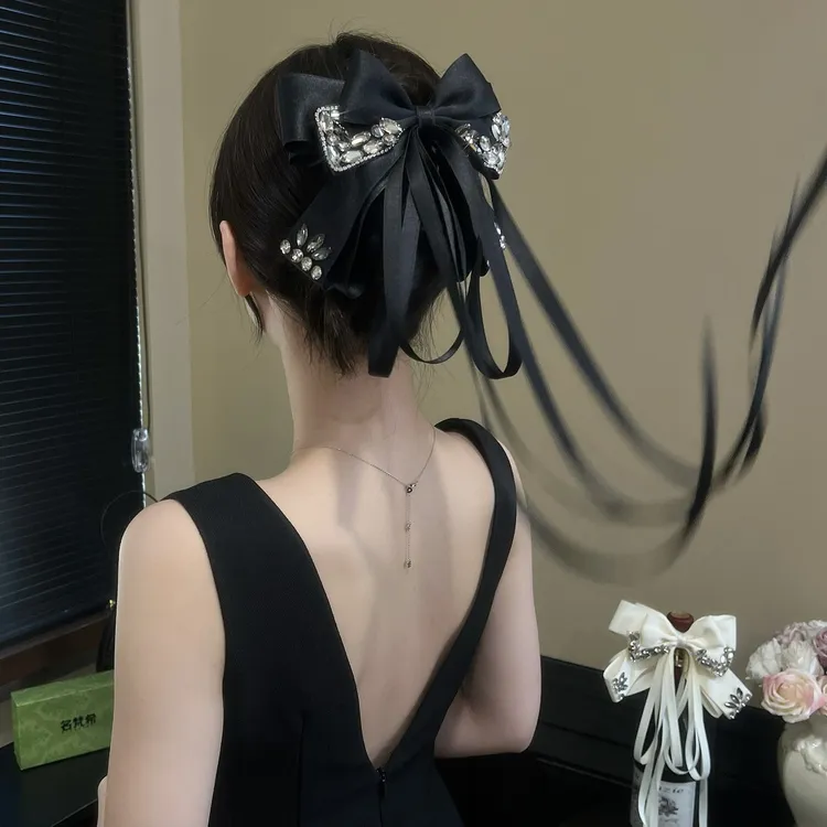 轻奢高级感夜宴蝴蝶闪锆蝴蝶结飘带马尾抓夹长飘带甜美时尚发饰