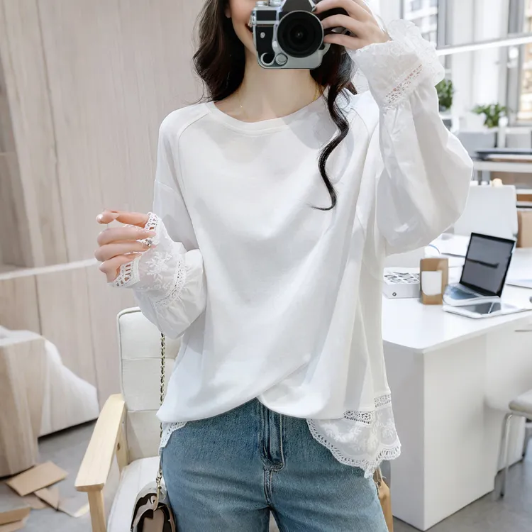 棉质蕾丝钩花拼接插肩袖白色减龄T恤衫2025秋季薄款休闲百搭上衣