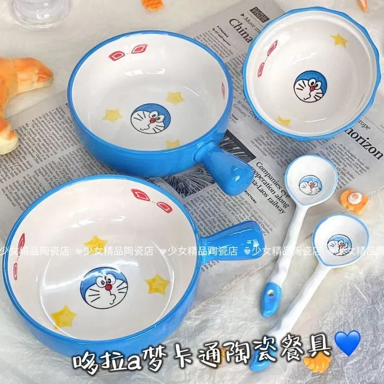 哆啦a梦陶瓷碗卡通蓝胖子餐具可爱泡面家用手柄碗盘套装高颜值