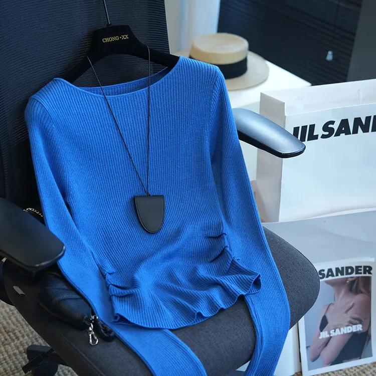 克莱因蓝色长袖针织衫女秋季新款气质掐腰设计感修身显瘦百搭上衣