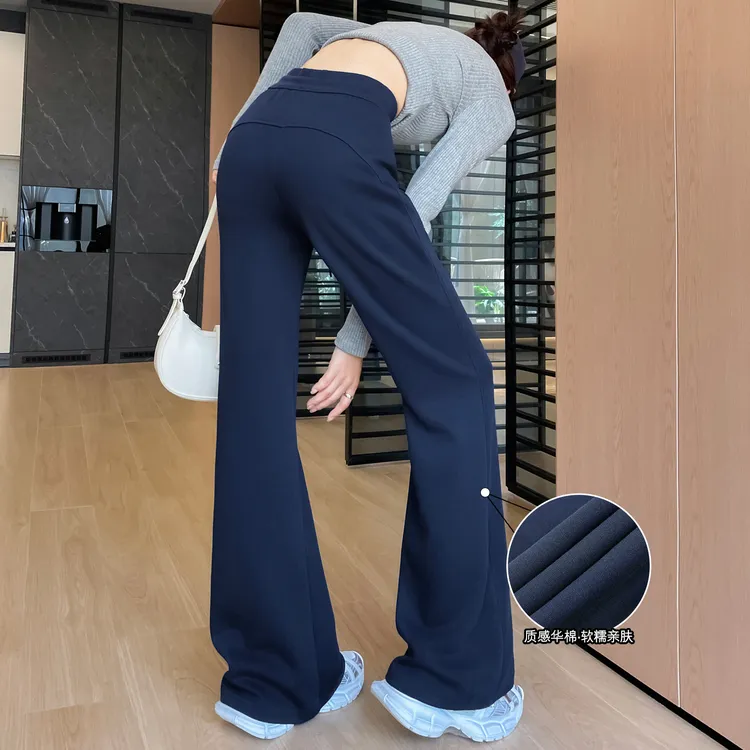 藏蓝色微喇叭运动裤女士秋冬季加绒显瘦瑜伽阔腿高个子加厚卫裤子