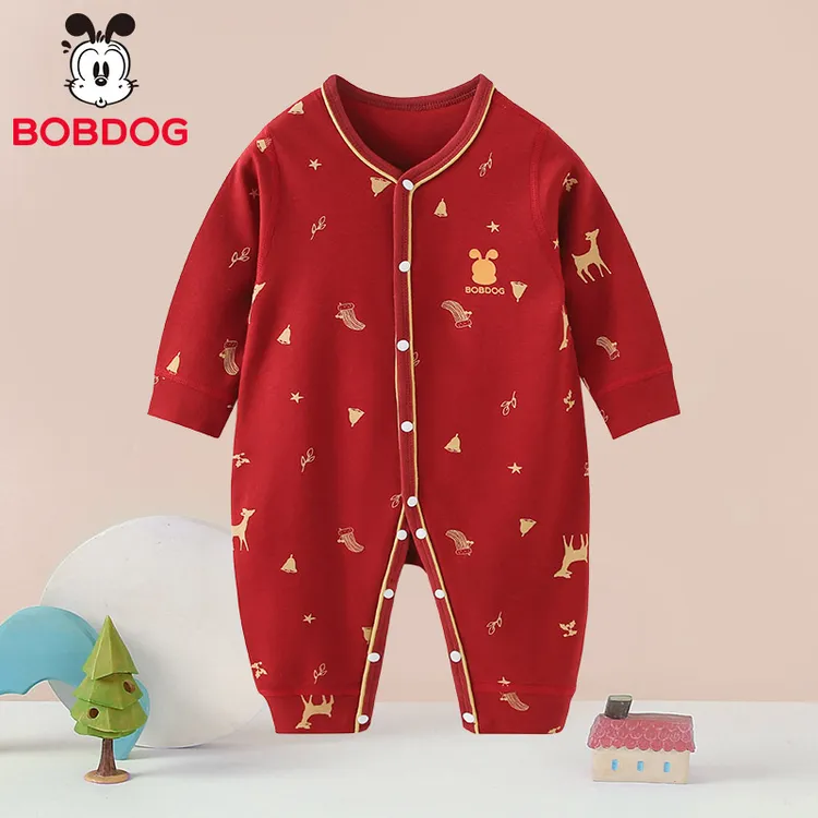 巴布豆春季中开长袖中式哈衣中国风单排扣爬服喜庆婴儿儿童幼儿