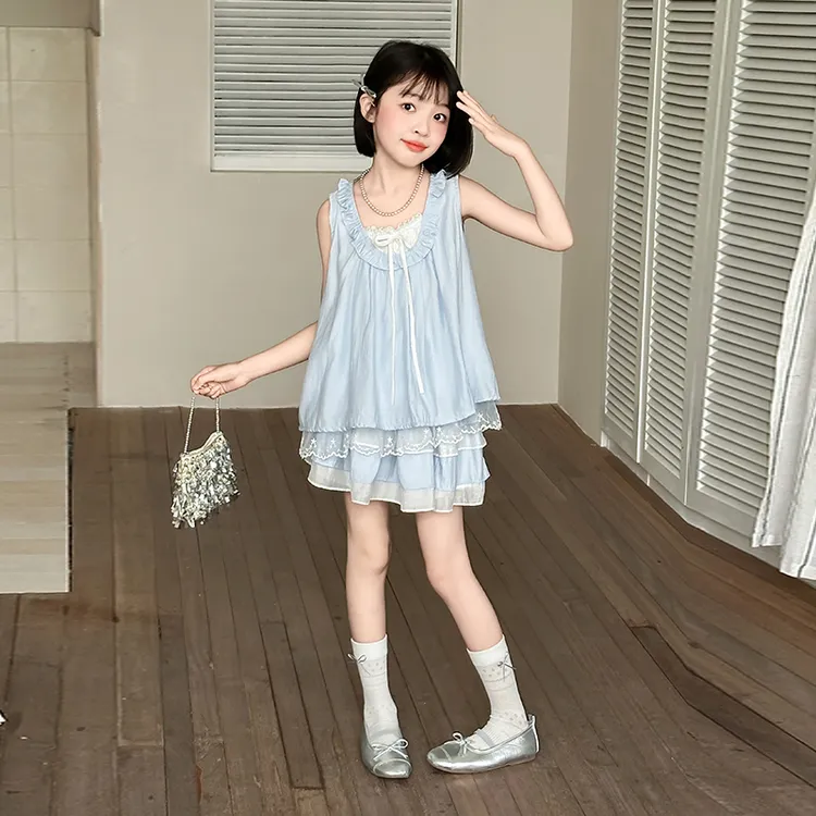 女童甜美夏季蓝色圆领上衣+半身裙套装2025新款吊带蛋糕裙两件套