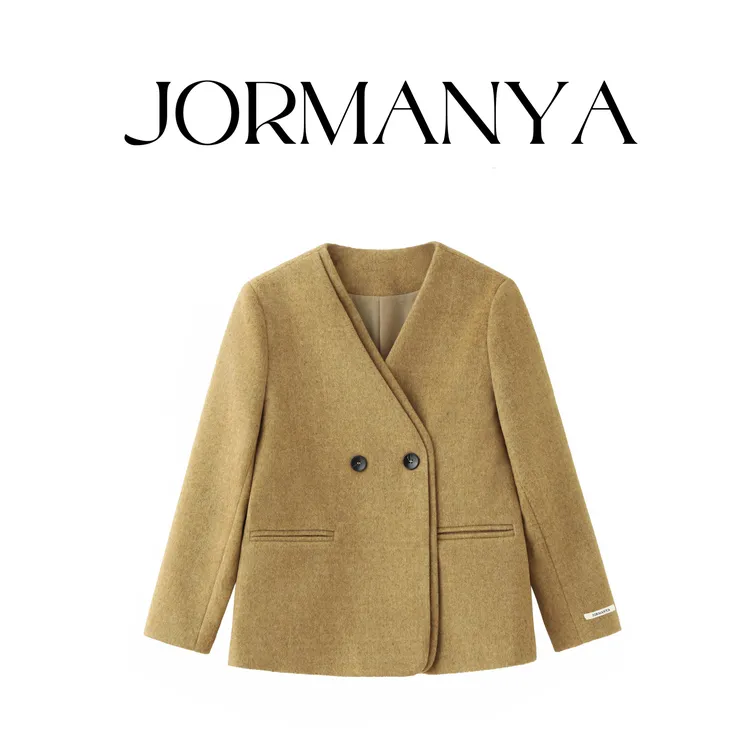 “V领双门襟”流沙金羊毛呢外套女双排两粒扣中长气质通勤大衣Z902