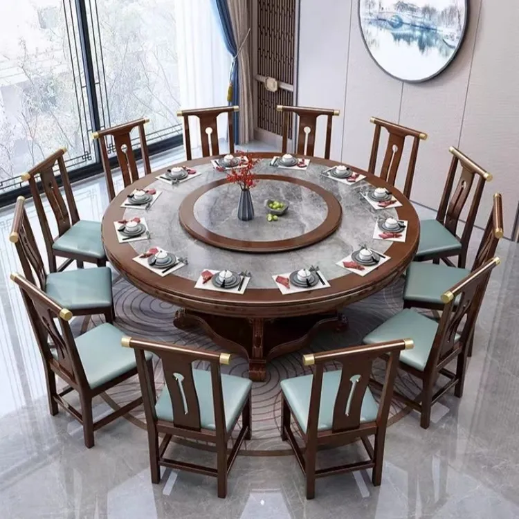2025新款新岩板餐桌椅实木内嵌岩板圆形大圆桌餐厅带转盘高档圆桌