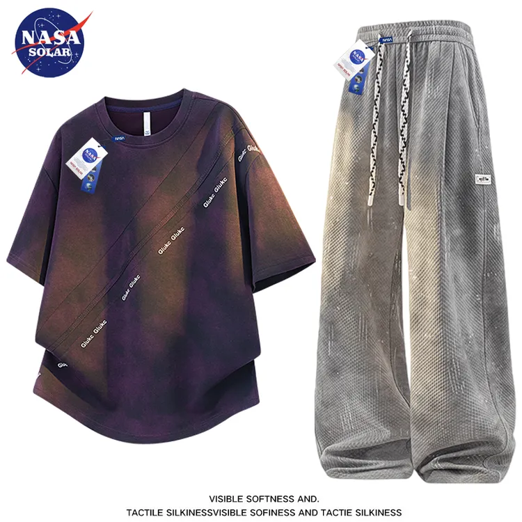NASA SOLAR夏季新款圆领t恤男士套装百搭宽松扎染运动短袖两件套