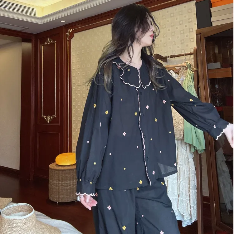 春夏季睡衣女士薄款纯棉长袖长裤刺绣2025年新款可外穿家居服套装