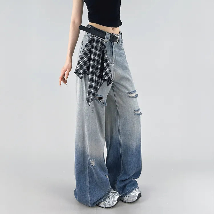 设计感渐变色直筒破洞牛仔裤女2025夏季新款高腰宽松显瘦阔腿裤子