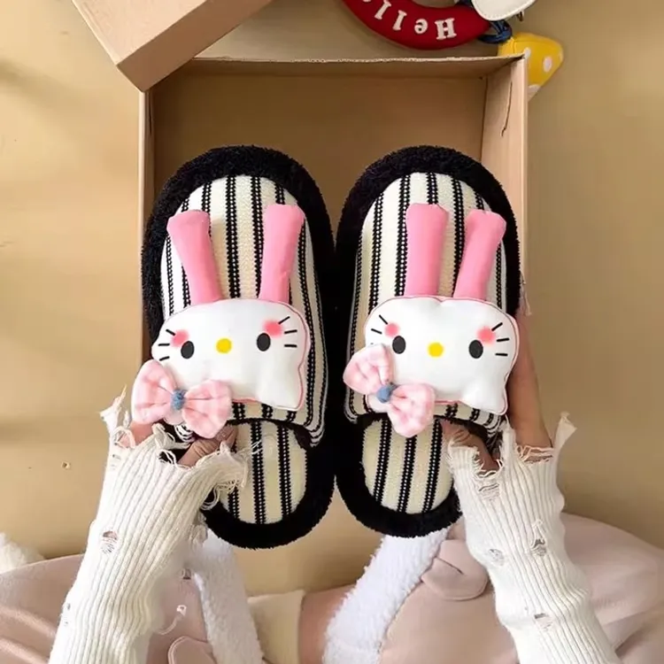 See.u 原创可爱卡通KT猫条纹毛毛拖鞋女2025秋冬新款保暖外穿加绒