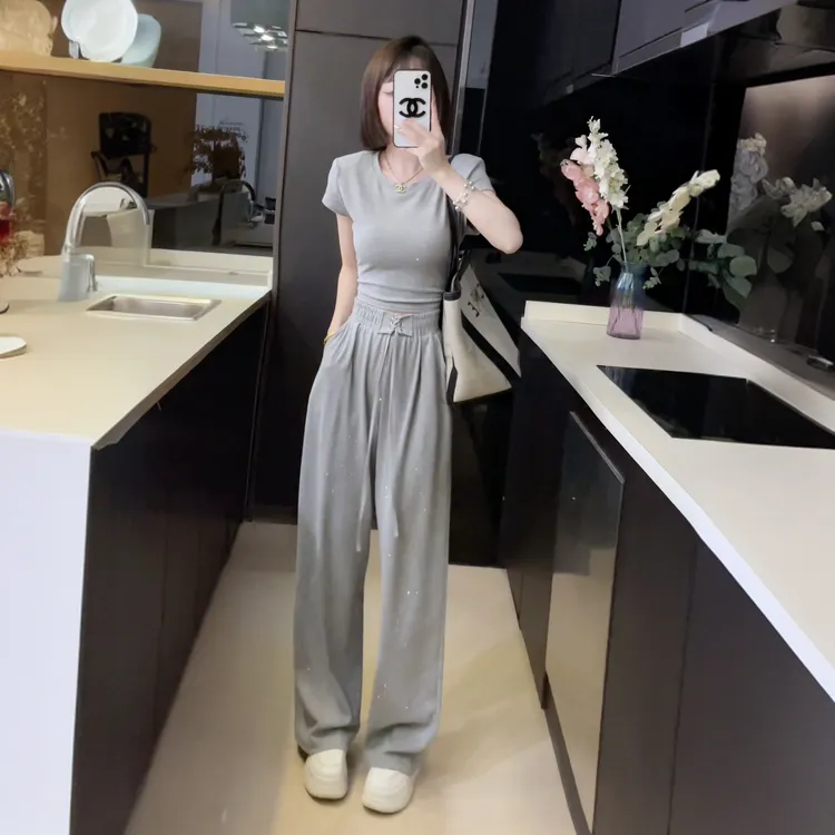 洋气减龄运动套装女夏季时尚绑带T恤上衣休闲阔腿裤高级感两件套