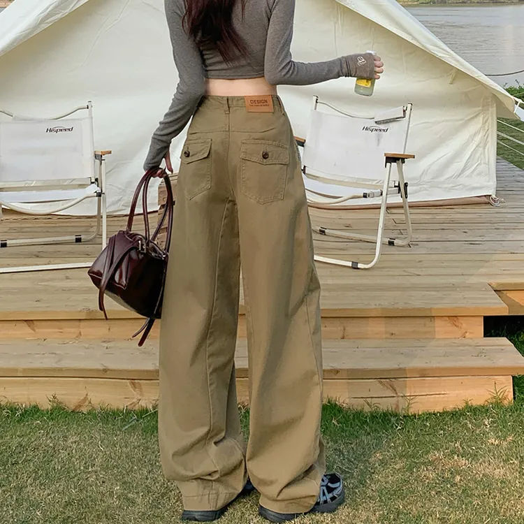 Yeuco美式复古阔腿裤女百搭秋季高腰弯刀显瘦宽松休闲工装拖地裤