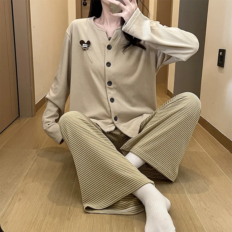 Mengluan/梦鸾条纹春秋新款睡衣德绒睡衣女秋冬款长袖家居套装