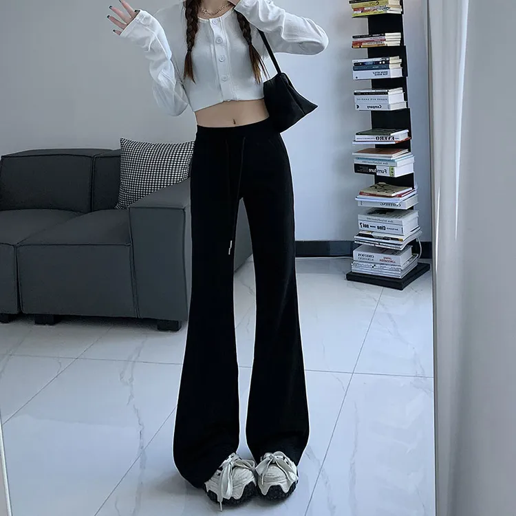 黑色微喇休闲裤女2025春秋新款美式辣妹高腰修身垂感慵懒运动卫裤