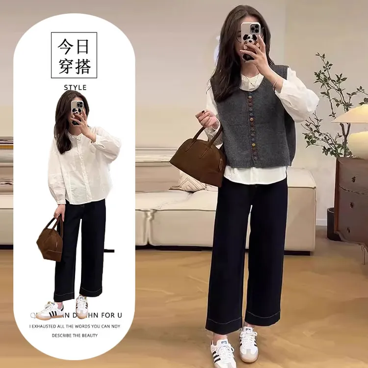 入秋搭配一整套大码胖mm韩系轻熟高级感马甲衬衫休闲裤三件套装女