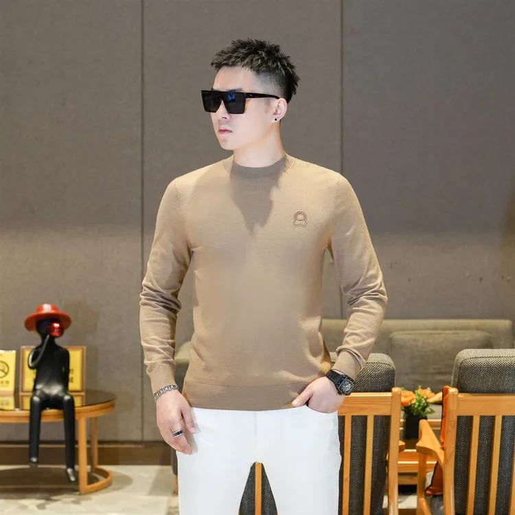 秋季新品男装高端休闲老钱风羊毛混纺驼色圆领长袖针织衫毛衣G102