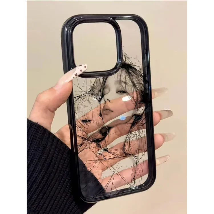 素描女孩小狗适用苹果17Promax手机壳iPhone16个性15透明14亚克力