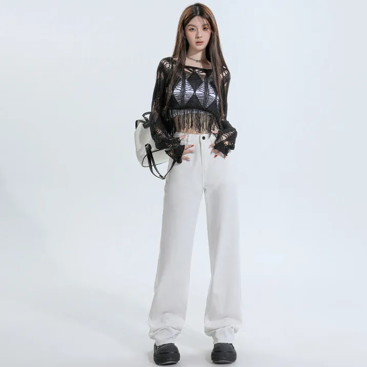 美式高腰加绒休闲女秋季新款设计感白色宽松窄版直筒拖地阔腿裤