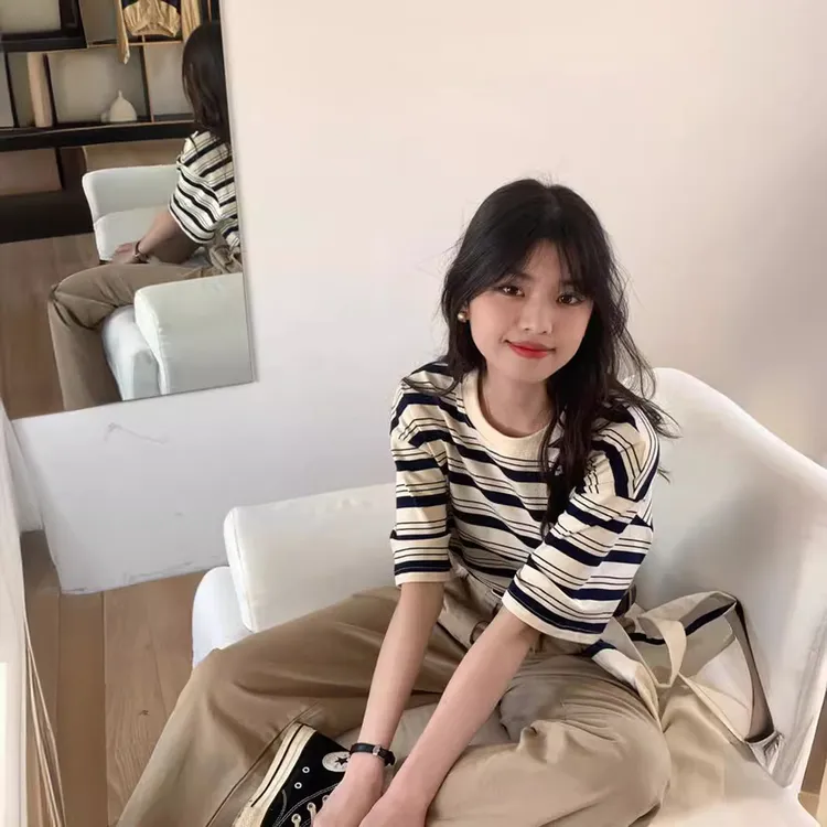 夏季宽松条纹圆领百搭复古小众时尚休闲t恤女2025新款文艺复古风