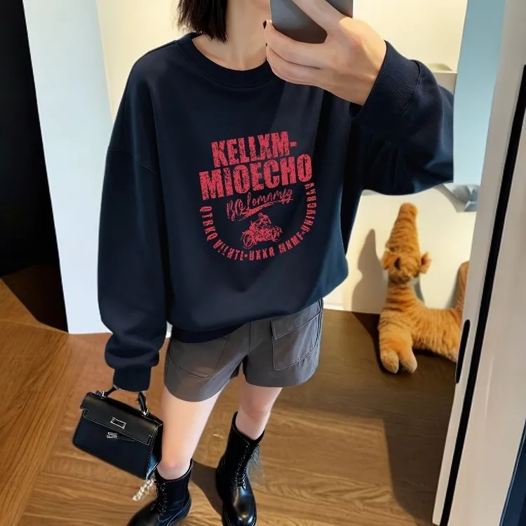 宽松韩版圆领藏青色卫衣女款春秋季时尚百搭显瘦长袖女上衣服秋装