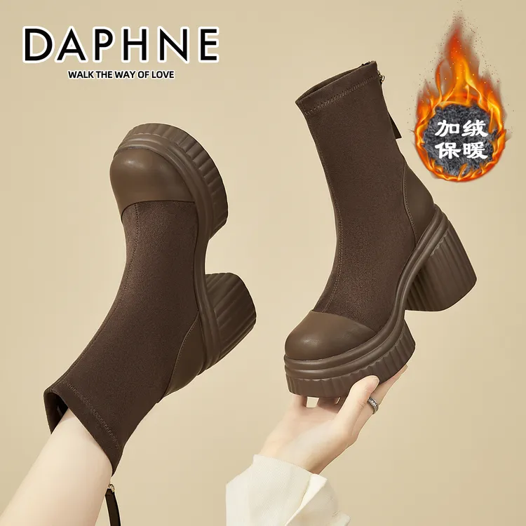 达芙妮增高绒面高跟袜靴女单靴2025冬季新款复古短靴子弹力瘦瘦靴