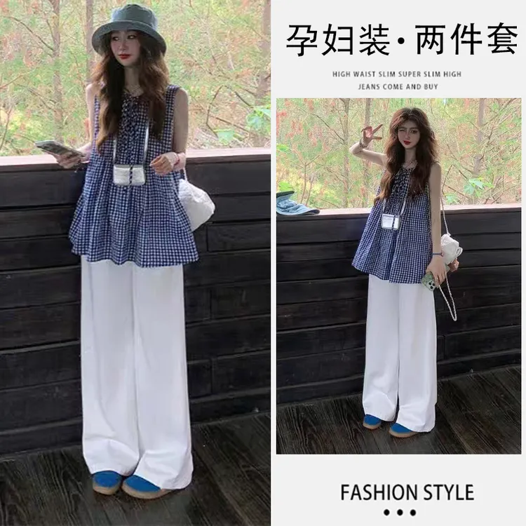 时髦孕妇夏季韩系复古蓝白格子宽松系带无袖上衣加白色托腹阔腿裤
