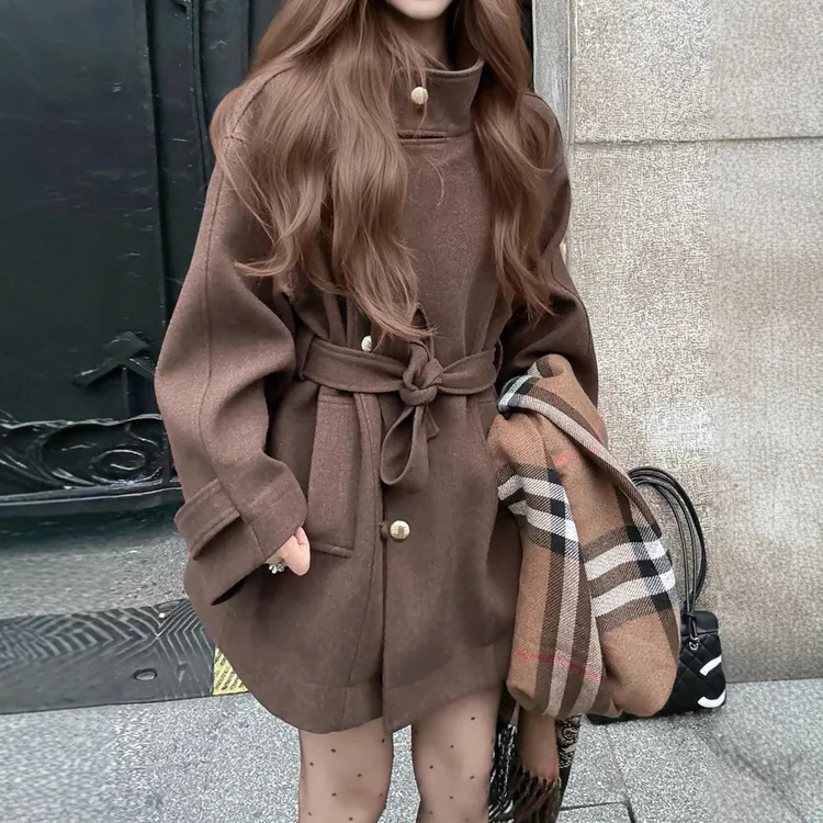 棕色长袖毛呢外套女秋冬季2025新款爆款韩系富家千金宽松百搭大衣