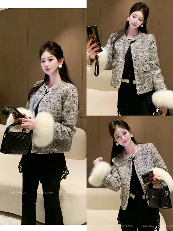 利达 NEW DADADA 粗花呢毛饰亮片短款上衣小香风羽绒外套QHM3692