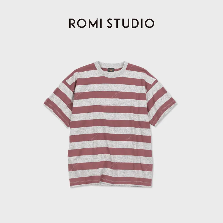 ROMI STUDIO“美式休闲”全棉色纺花纱重磅宽松条纹短袖RWDSSY2321