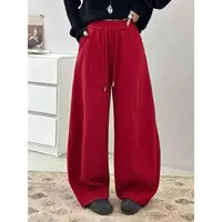 韩系红色加绒阔腿裤女冬季新款松紧腰系带宽松显瘦休闲运动裤