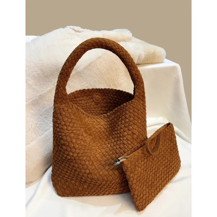 麂皮绒手工编织水桶包包复古百搭大容量托特包单肩腋下大包子母包