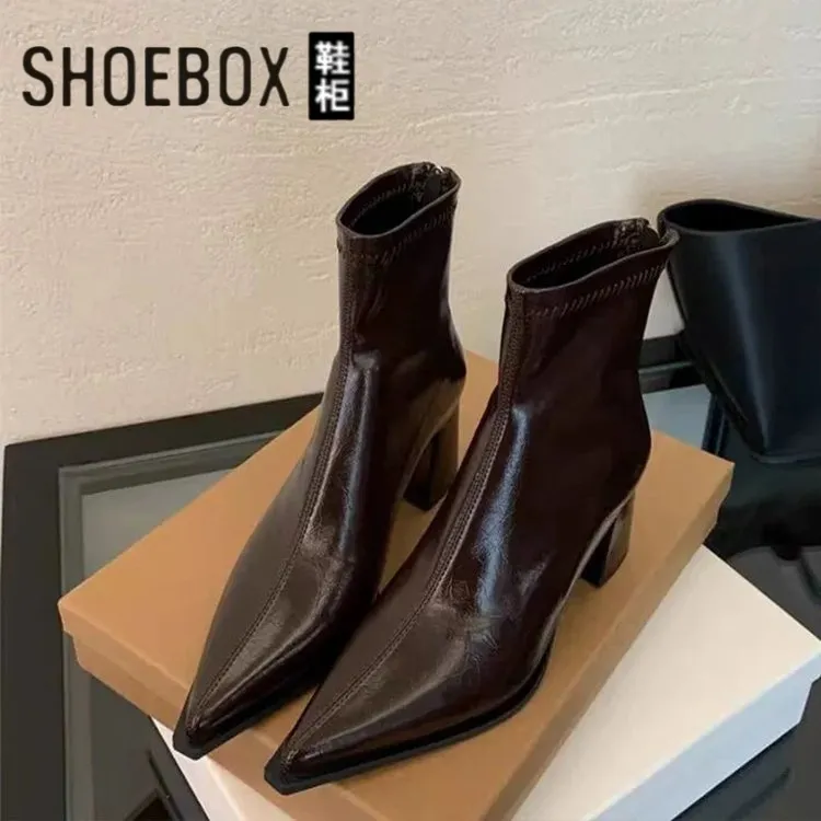 SHOEBOX鞋柜高跟鞋短靴2025秋冬季新款气质女中筒弹力靴瘦瘦靴