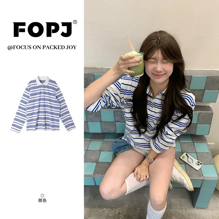 FOPJ韩系设计感蓝白条纹POLO领长袖t恤女纯欲风宽松百搭甜妹上衣
